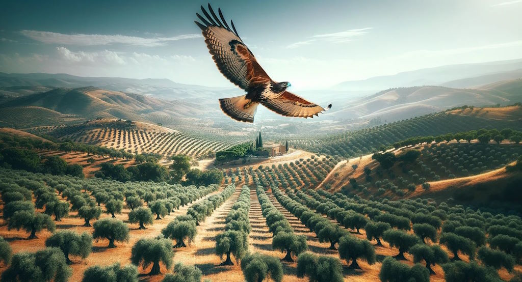 Gavilán volando sobre unos olivares andaluces