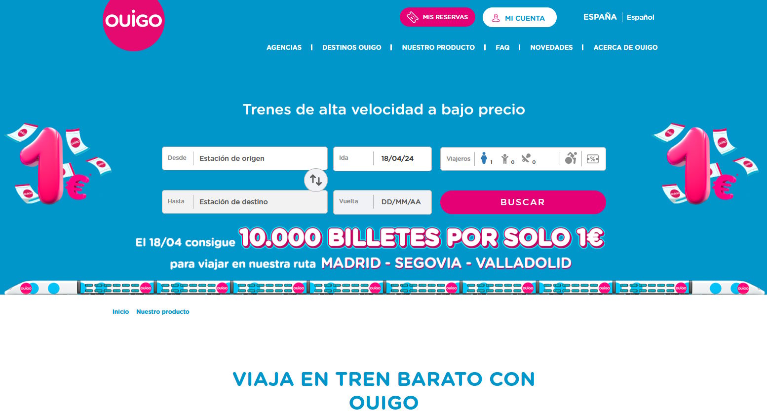 Captura de pantalla de la web de Ouigo donde anuncian su promoción de billetes a un euro a Segovia y Valladolid