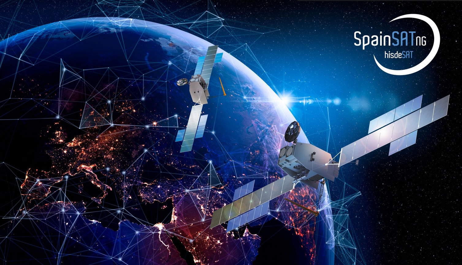 Recreación de los dos satélites SpainSat NG de Hisdesat desplegados sobre España