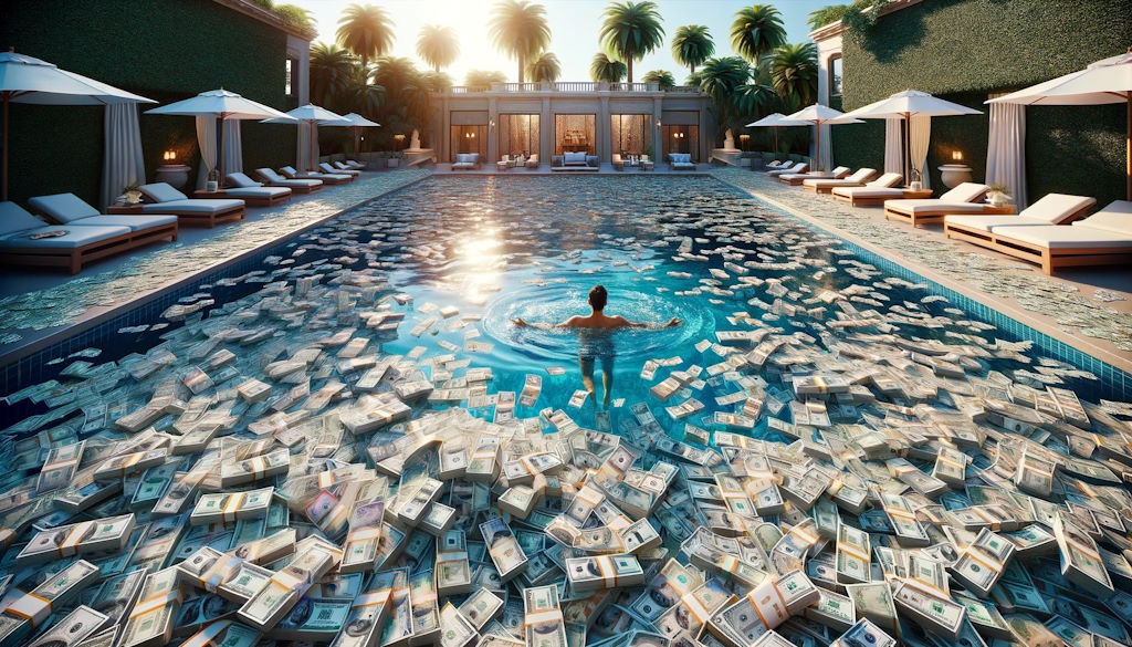 MIllonario bañándose en una piscina llena de fajos de billetes de cien dólares