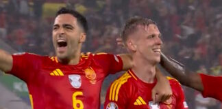 Mikel Merino celebra con Dani Olmo el cuarto gol de España frente a Georgia