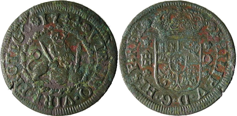 Ochavo de 1744, durante el reinado de Felipe V, con un valor oficial de dos maravedíes