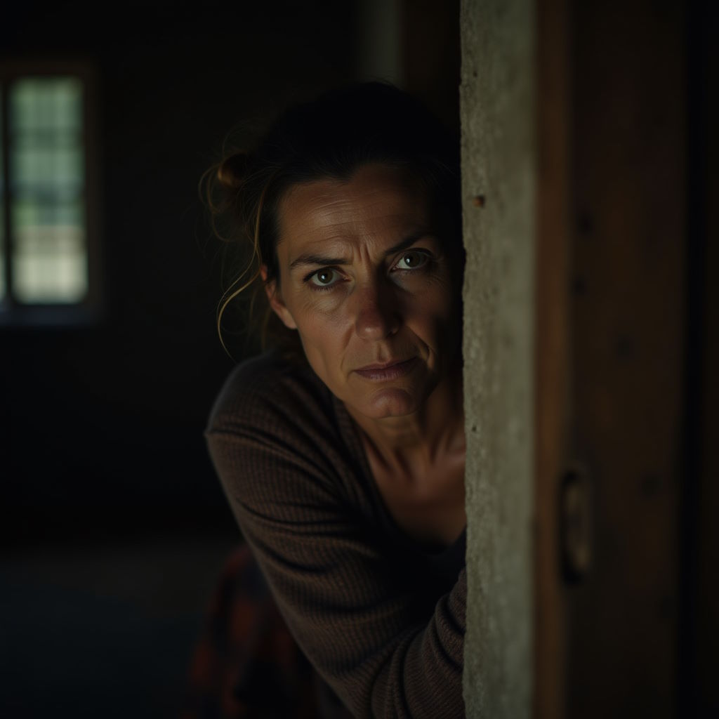 Mujer solaposa escuchando una conversación escondida detrás de una puerta