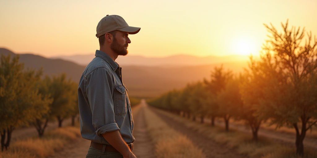 Agricultor mirando con esperanza la cosecha de una mihiilla de tierra con almendros (46 Ha) que tiene en la parte de La Calahorra