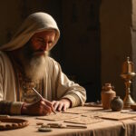 Sacerdote mesopotámico eleborando un horóscopo en tablas de arcilla