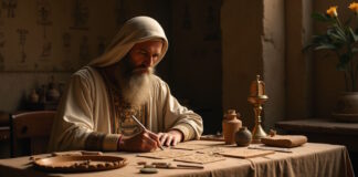 Sacerdote mesopotámico eleborando un horóscopo en tablas de arcilla