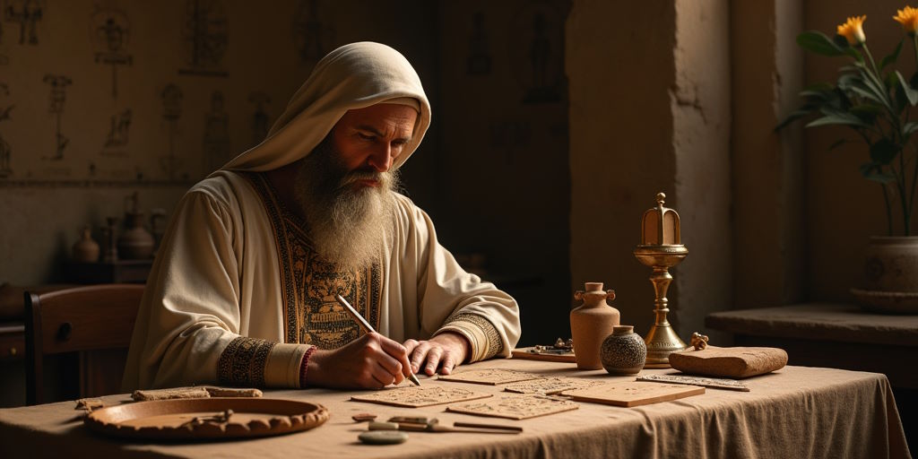 Sacerdote mesopotámico eleborando un horóscopo en tablas de arcilla