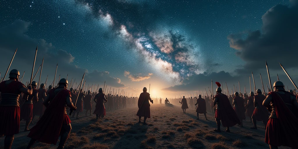 Soldados preparados para la batalla al amanecer bajo un cielo estrellado