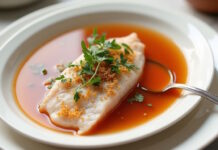 Caldo de pescado con un filete de merluza