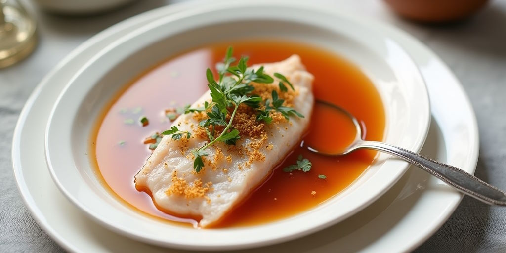 Caldo de pescado con un filete de merluza