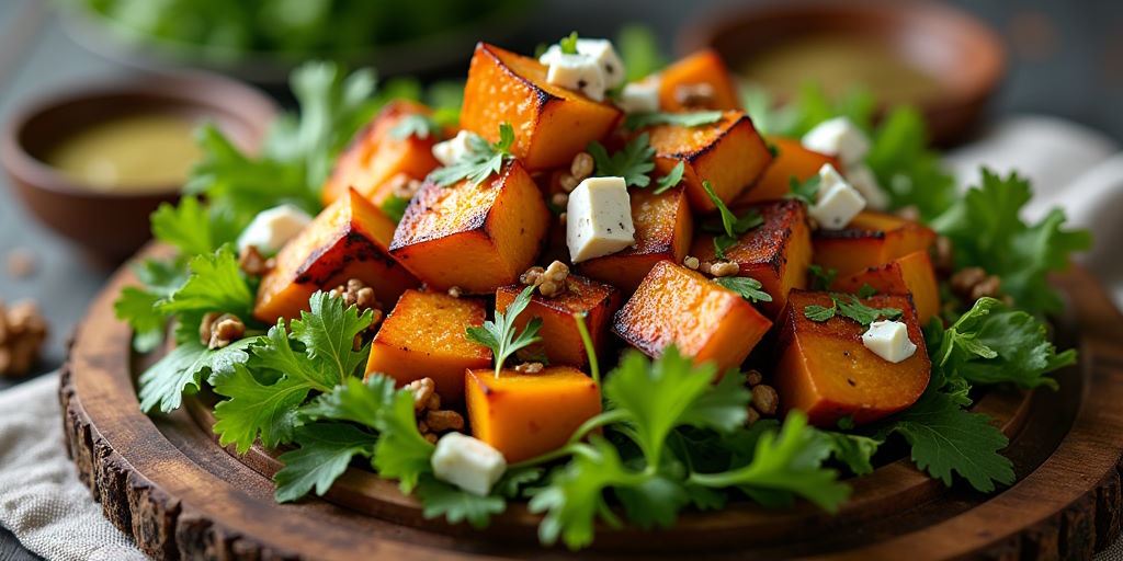 Ensalada de calabaza asada, queso azul y nueces