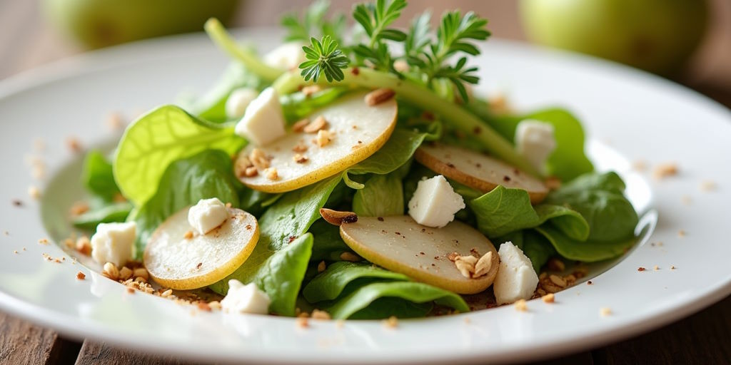 Ensalada de canónigos, pera y queso gorgonzola con almendras tostadas