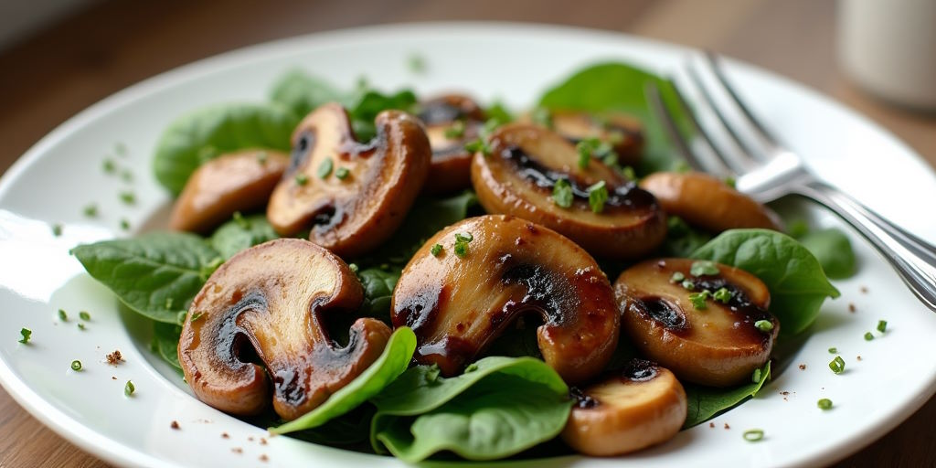 Ensalada tibia de setas con espinacas y vinagreta de balsámico