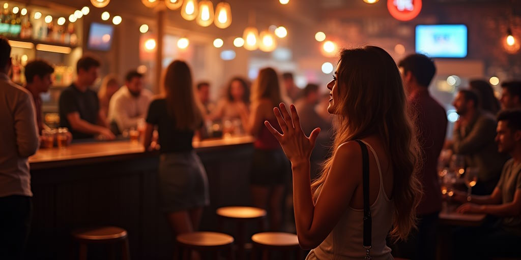 Mujer intentando llamar la atención de los camareros para que les pongan tres cervezas más cuando puedan