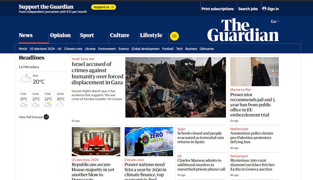 Portada de la versión para Europa de The Guardian del 14-11-2024