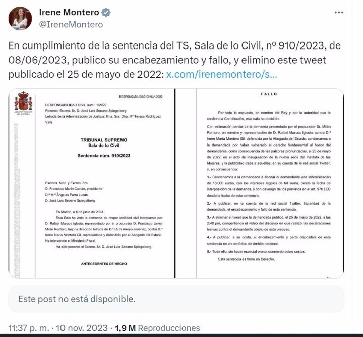 Tweet de Irene Montero publicando sentencia condenatoria