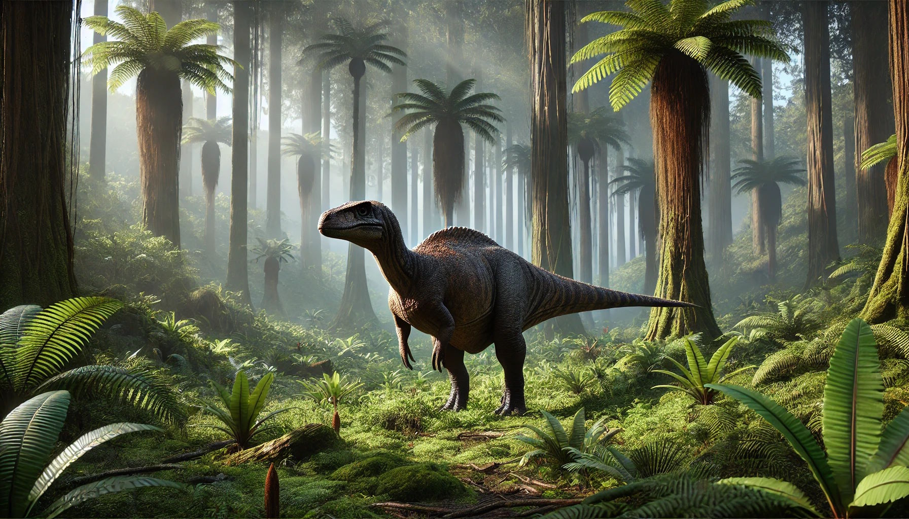 Un Camptosaurus buscando pasto en un bosque del Jurásico medio