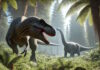 Un allosaurus se plantea atacar a un diplodocus