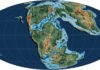 Mapa paleogeográfico del Jurásico tardío (hace ~152 millones de años) con la distribución de continentes (marrón) y mares someros (azul claro) (Wikipedia, la enciclopedia libre)