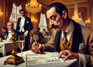 Imagen generada por una inteligencia artificial en la que aparece Dalí firmando un cheque para saldar su cuenta en un restaurante