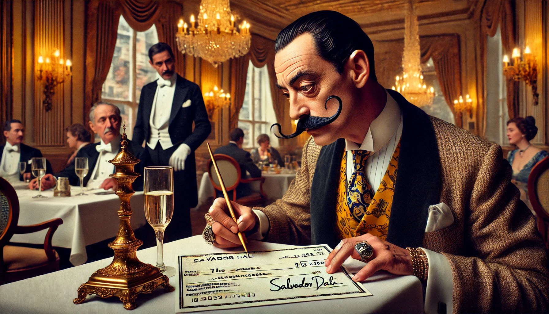 Imagen generada por una inteligencia artificial en la que aparece Dalí firmando un cheque para saldar su cuenta en un restaurante